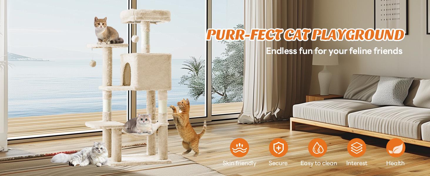 44/66 inch Cat Tree Tower, Multi-Cat Climbing Tower with Condo, Natural Sisal Scratching Posts, Extended Platform, Hammock, Pet House for Indoor Cats and Kittens Play