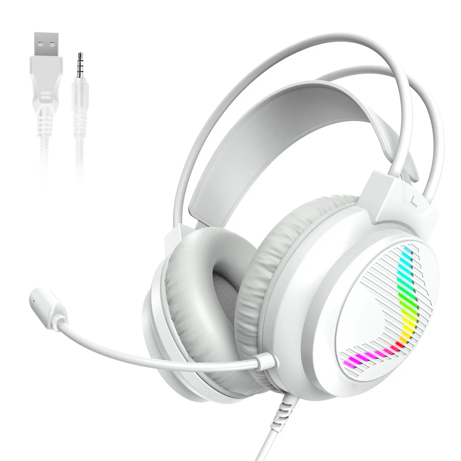 White RGB Luminous Wired Gaming Headset - 3.5mm Over Ear with Mic, 7.1 Surround Sound, Noise Cancelling Stereo, Gaming Equipment Compatible with PS4, PS5, PC, Xbox Series, Switch, Headset For Pc