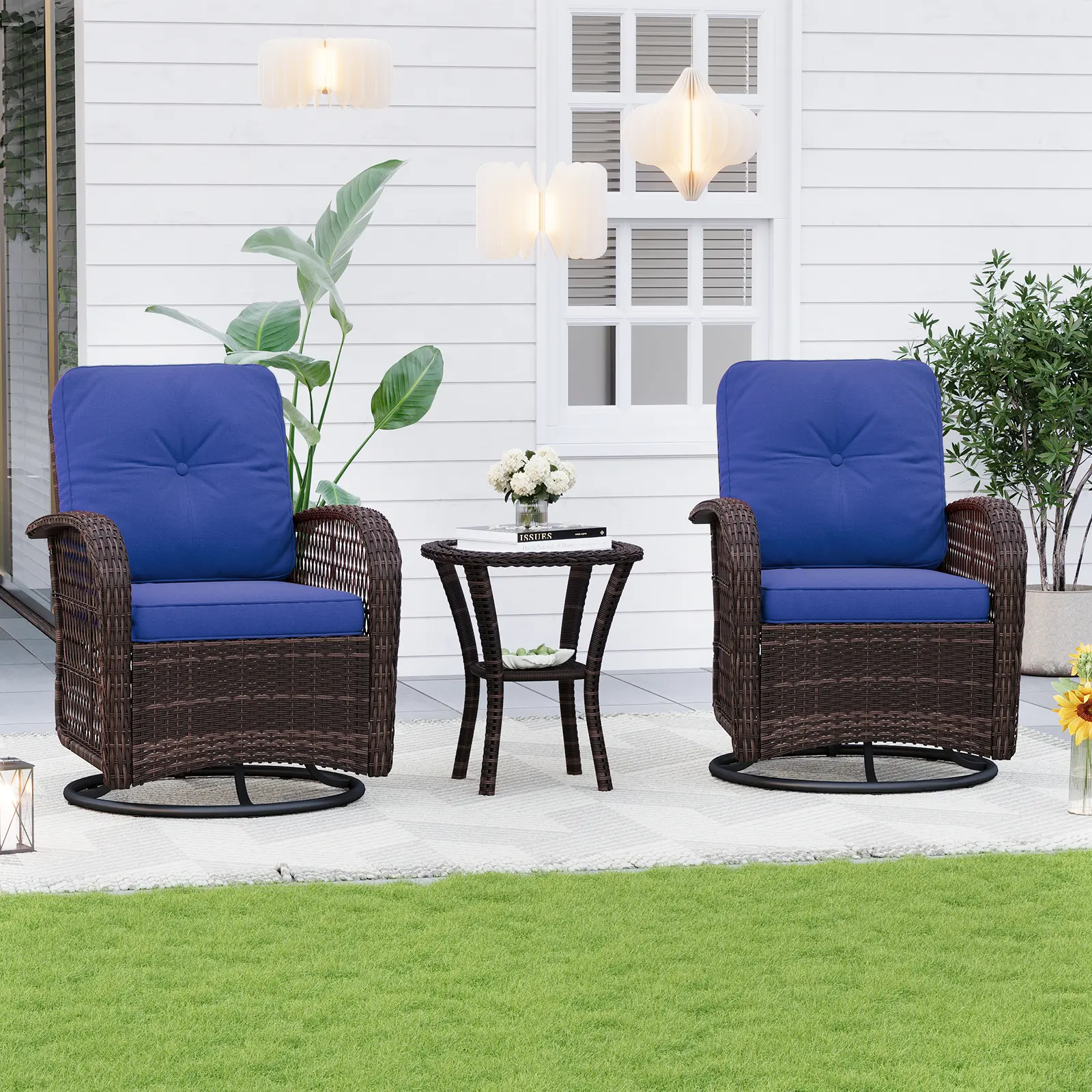 AOXUN Wicker Patio Furniture Set - 2 Swivel Rocker Chairs, Round Wicker Bistro Table with Thick Cushions, Sturdy FSC Acacia Rattan Outdoor Furniture Set for Deck, Poolside