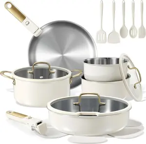 CAROTE 19pcs Tri-Ply Stainless Steel Cookware Set with Detachable Handle, Pots and Pans Set, Induction Kitchen Cooking Sets, RV/Camping Cookware, Outer Ceramic Layer, Oven Safe, Cream White