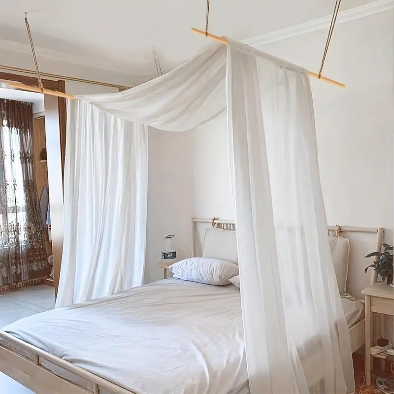 Boho Style White Chiffon Bed Canopy, 1 Count Bed Mosquito Netting with 4 Hooks & 2 Poles, Bedding Accessories for Home Bedroom & Hotel & Dormitory
