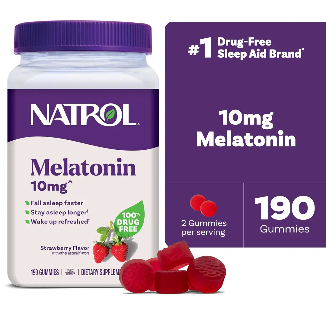 Natrol Melatonin Chewable Gummies - 10 mg Drug-Free Natural Sleep Support Supplement for Adults, 190 ct Strawberry-Flavored Dietary Gummies with 2% or Less of Citric Acid