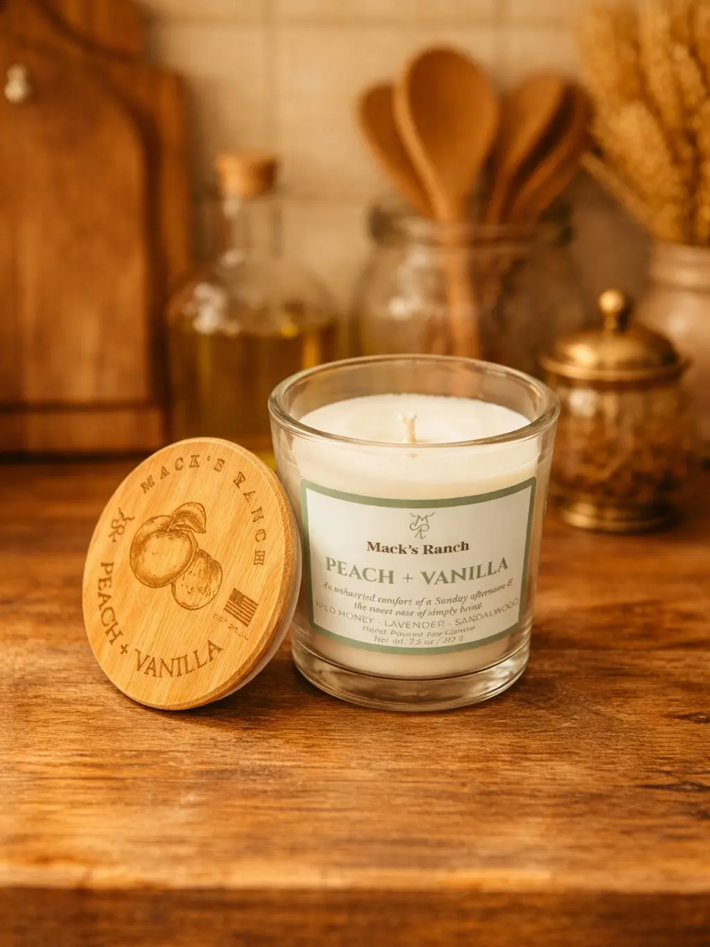 Peach + Vanilla Soy Wax Candle by Brand - 7.5 oz Clear Jar with Engraved Bamboo Lid, Juicy Georgia Peach and Soft Vanilla Scent
