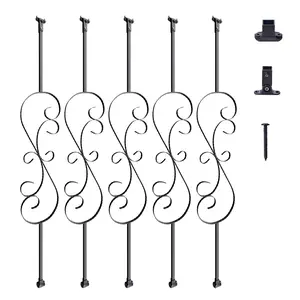 VEVOR Staircase Metal Balusters,  , 44'' x 1/2" Galvanized Steel Decorative Banister Spindles, 5 Pack S Shape Deck Baluster, Hollow Satin Black Spiral Stair Railing with Shoes & Screws