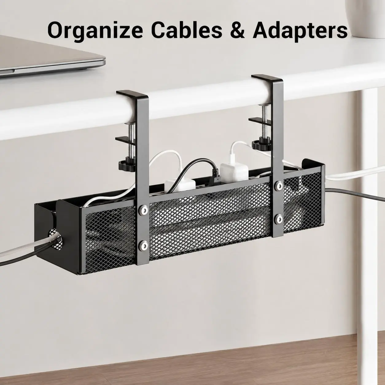 No-drill clamp-on metal under-desk cable organizer, suitable for home and office, stores power strips and various cables, combines cable organization with desktop storage 2-in-1, compatible with desk surfaces up to 2.5 inches thick