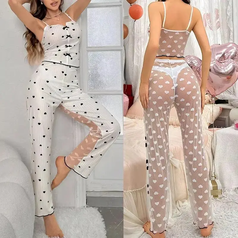 Women's 2-Piece Ribbed Printed Pajama Set - Underwear for Women with Transparent Lace Mesh Trim, Strap Top, Pants Loungewear, Sexy Look, Multi-Size