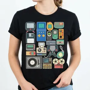 GGOR Vintage Tech & Gaming Console Graphic Tee Retro Gamer Style T-Shirt Classic Gadget Print Top Nostalgic 80s 90s Throwback Shirt for Men Women Unique Gift for Tech Enthusiasts Cotton Round Neck Short Sleeves