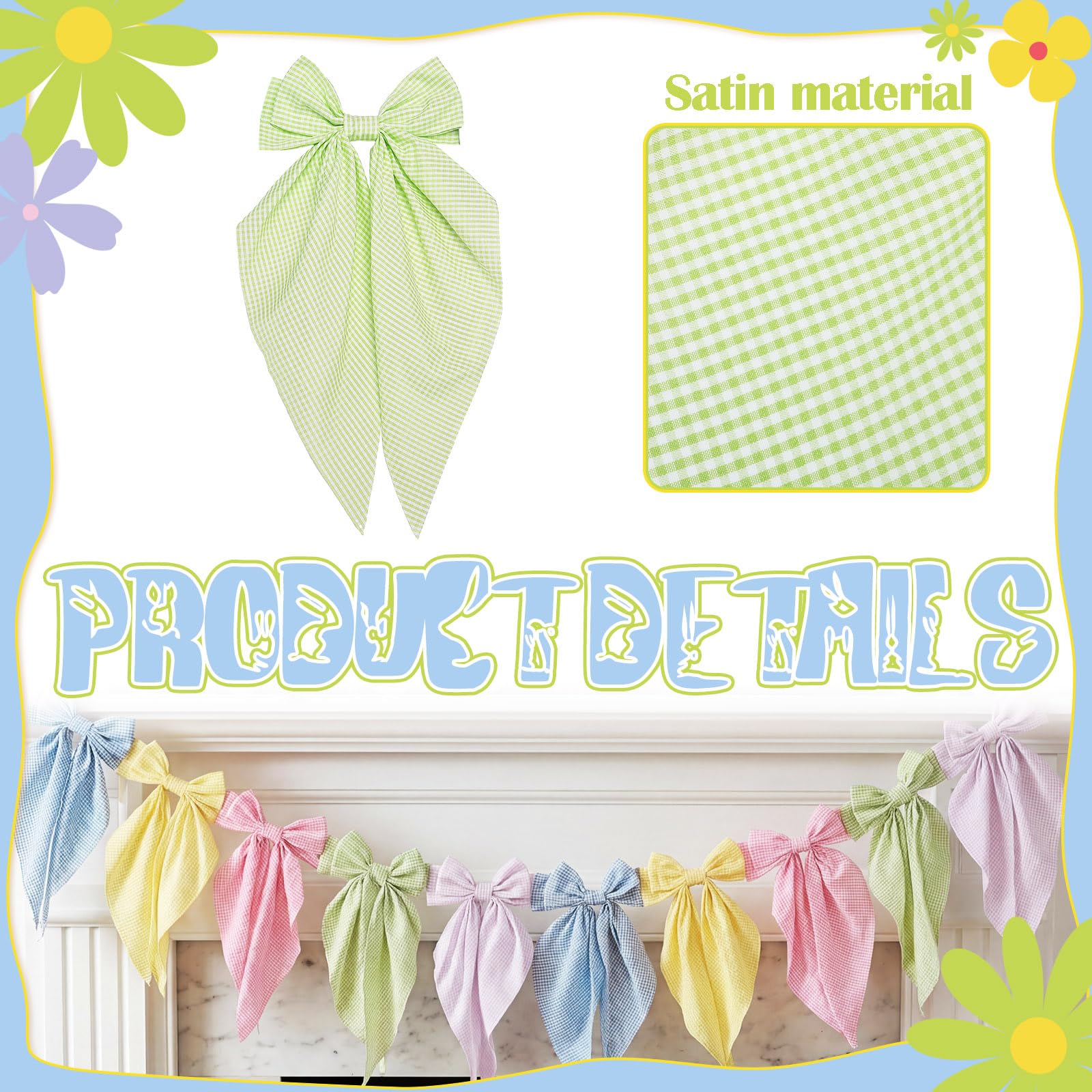 Easter Bow Garland Pastel Fluffy Tulle Satin Bow Banner Bunny Ear Plaid Pink Bow Garland Cute Hanging Wreath Garland for Mantle Fireplace Wall Door Mantel Decor, Spring Indoor Outdoor Home Table Backdrop Easter Decor 2026 Festive Party Supplies & Gifts