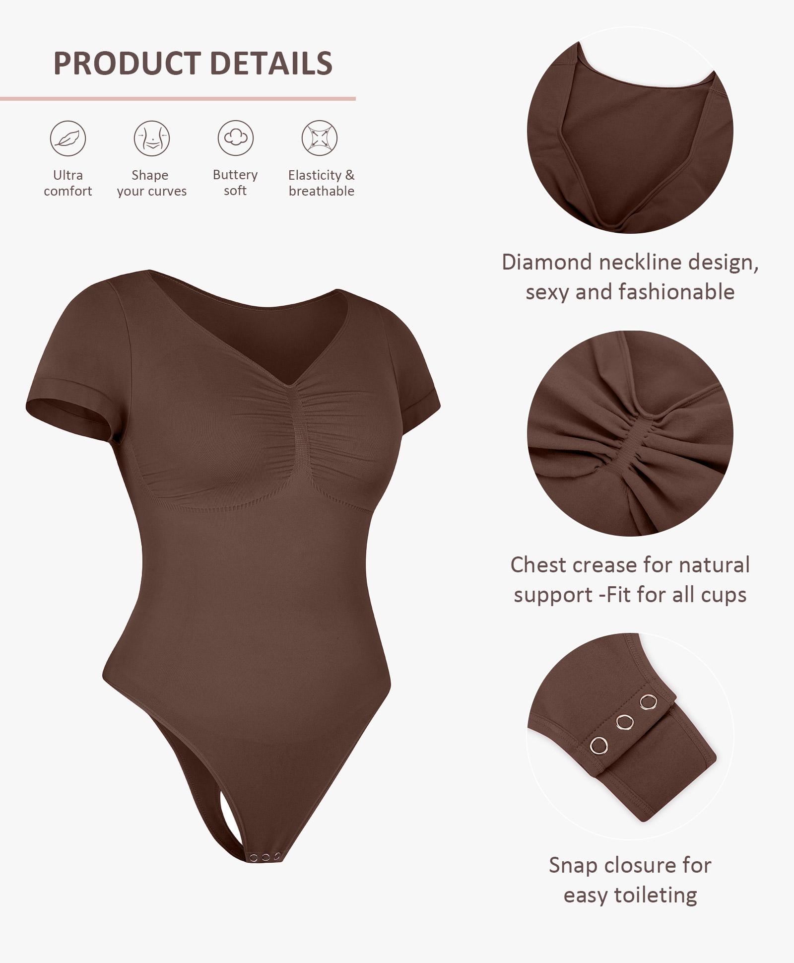 FeelinGirl Women's Short Sleeve Bodysuit for Tummy Control V Neck Seamless Body Suits Thong Going Out Tops Springtok Shapewear Womenswear Compression Elegant Fitted SpringStatements