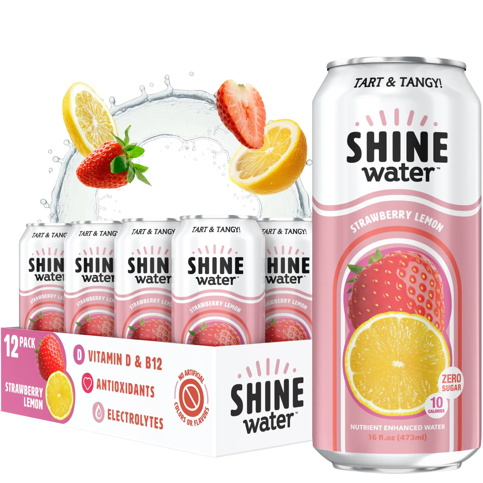 ShineWater Strawberry Lemon Flavored Physician-Approved Natural Energy Vitamin Water - 12-Pack, 0 Sugar Free, Low Calorie, Plant-Based, Hydrating Electrolyte-Infused, Gluten-Free, Kosher, Made in USA, Zinc Gluconate, Antioxidant