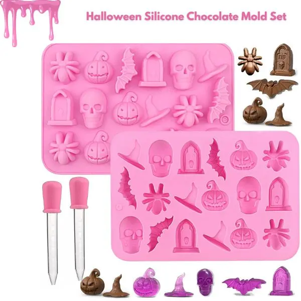 Spooky 2-Pack Silicone Chocolate Molds Set, 3D Design Reusable Safe Halloween Baking Molds with Skull, Pumpkin, Ghost, Bat, Spider, Witch Hat, Tombstone Shapes for Gummies