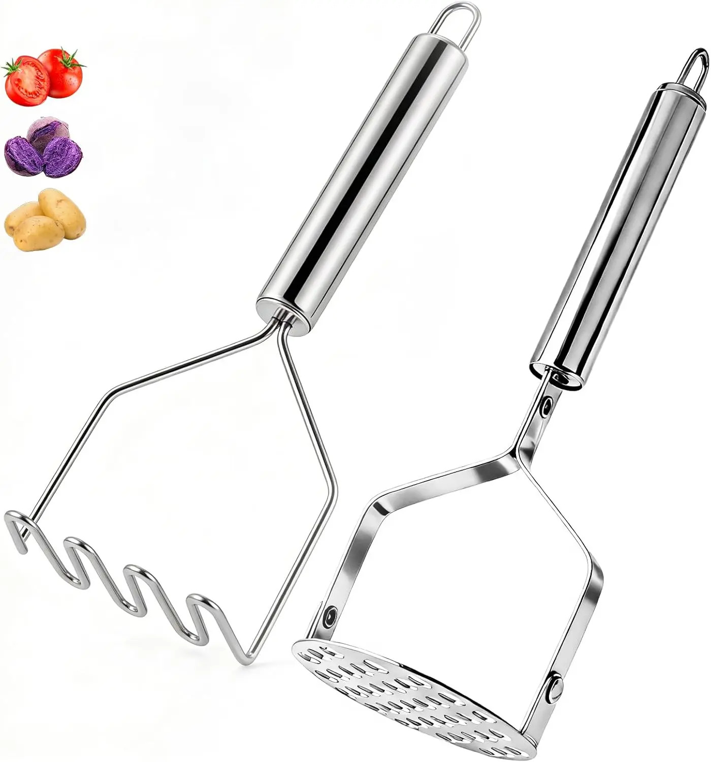 2PCS Potato Masher Set, Stainless Steel Smasher Kitchen Tools for Perfect Mashed Potatoes, Guacamole, Beans, Vegetables, Fruit, Meat Butter & Puree & More