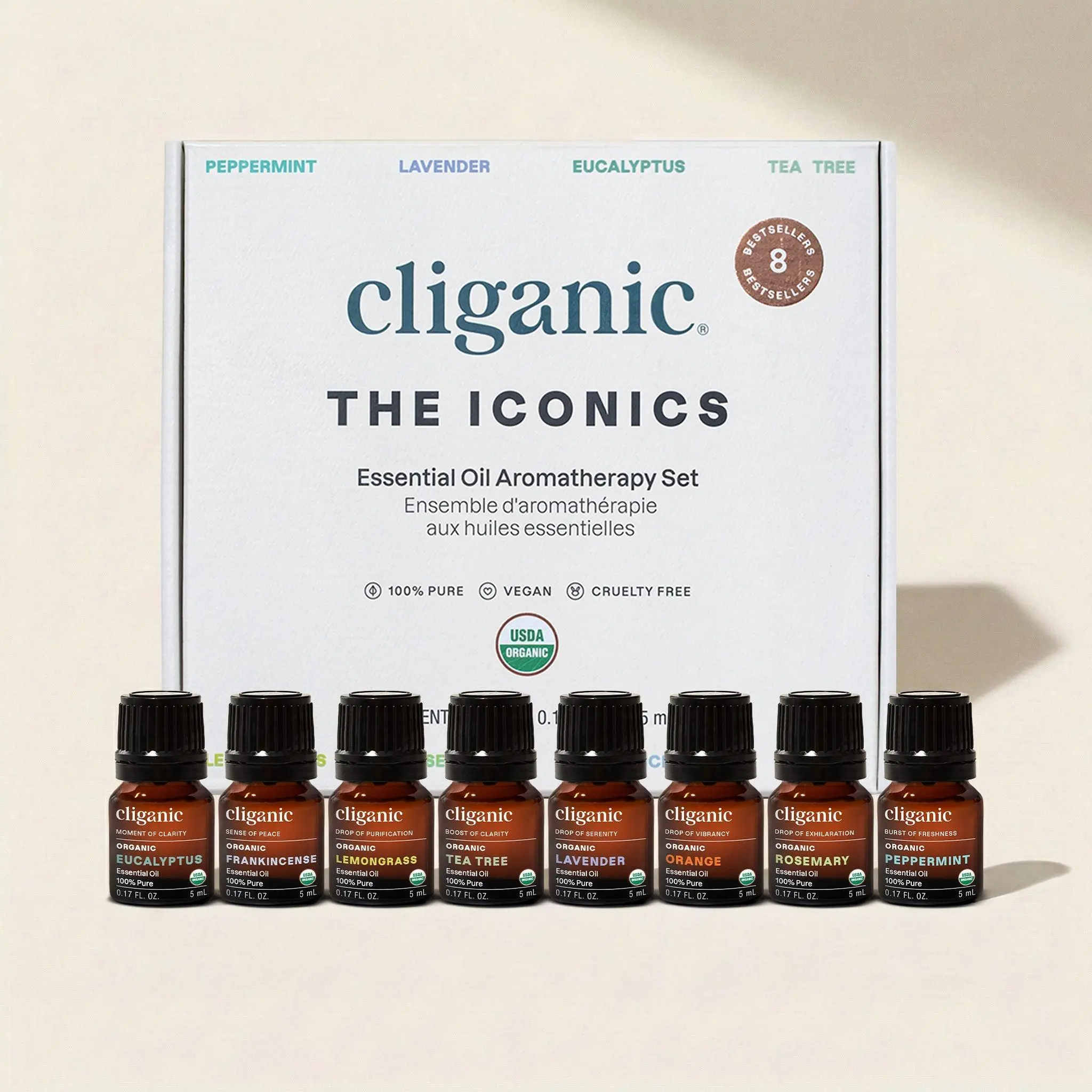 Cliganic Organic Aromatherapy Essential Oils Gift Set (Top 8 - The Iconics), 100% Pure - Peppermint, Lavender, Eucalyptus, Tea Tree, Lemongrass, Rosemary, Frankincense & Orange