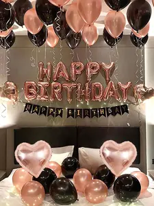 43pcs Rose Gold & Black Happy Birthday Balloon Kit, 16in Letter Foil Banner + Latex & Heart Balloons, Pennant Banner, Party Decor for Women Birthday, Bridal Shower, Engagement, Graduation, Photo Booth Backdrop