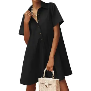 Wenrine Women's Button Down Shirt Dress Oversized Casual Short Sleeve Collared V Neck Party Flowy Summer Mini Dresses