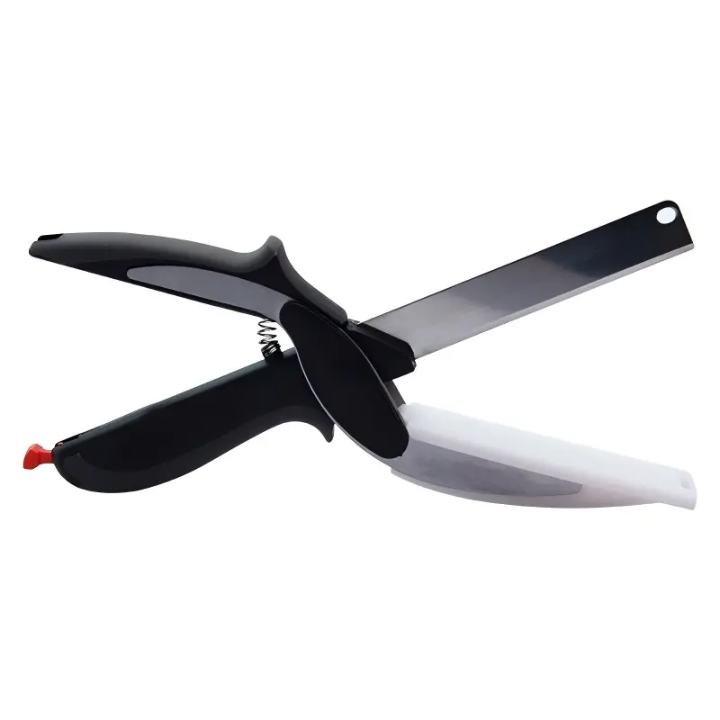 2 in 1 Clever Cutter Smart Kitchen Food Scissors, Stainless Steel Vegetable Chopper Knife with Built-in Cutting Board, Safety Lock & Ergonomic Spring Handle, Dishwasher Safe Salad Fruit Meat Cutter for Home Cooking Prep