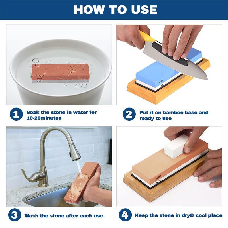 【Black Friday】Knife Sharpening Stone Set, Whetstone，Knife Sharpener Stone Set 4 Side Grit 400/1000 3000/8000, Professional Include Non-Slip Bamboo Base, Leather Strop, Flattening Stone & Angle Guide kitchen sharpener angle guide