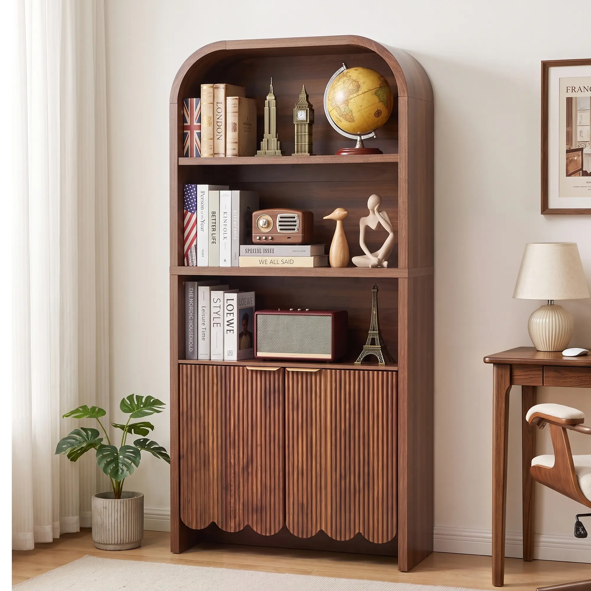 Giratree 71" Tall Arched Bookcase 5 Tier Fluted Freestanding Arched Bookshelf Large Wood Bookshelf with Scalloped Doors,Mid Century Modern Farmhouse Open Display Book Case for Bedroom Home Office