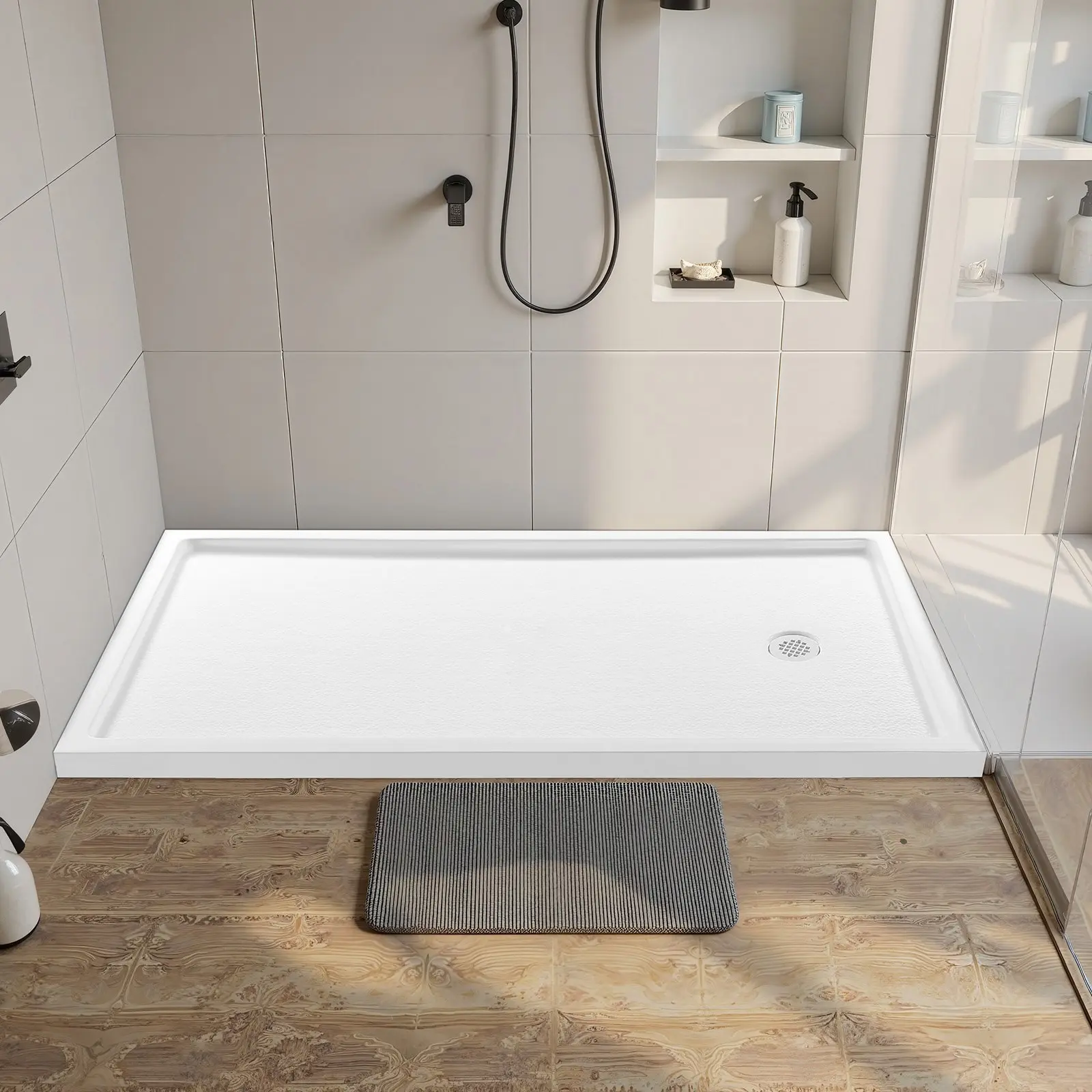 Shower Pan Base For Bathroom - 60-Inch Long By 36-Inch Wide Rectangular Single Threshold Shower Base In White, Durable Acrylic And PVC Construction, Slip-Resistant Shower Pan With Drain Cover, Right Drain Location