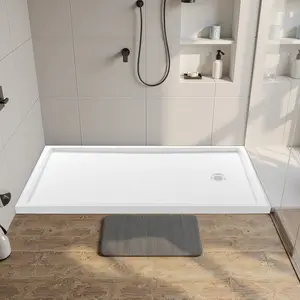 Shower Pan Base For Bathroom - 60-Inch Long By 36-Inch Wide Rectangular Single Threshold Shower Base In White, Durable Acrylic And PVC Construction, Slip-Resistant Shower Pan With Drain Cover, Right Drain Location