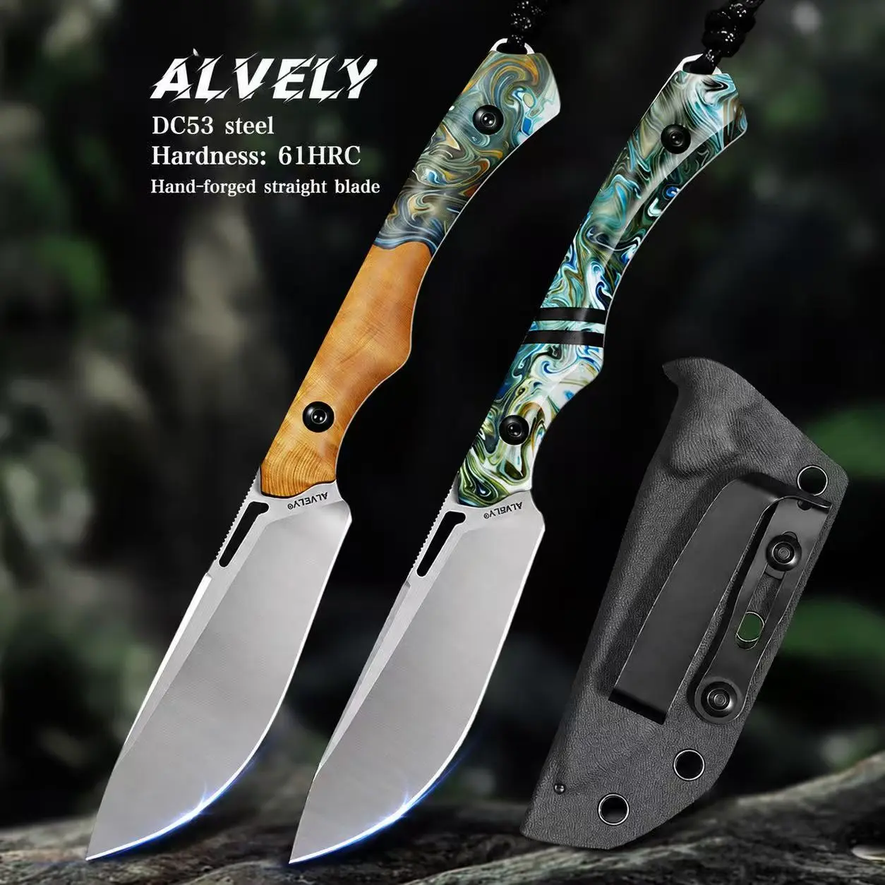 ALVELY Little Sweet Potato Handmade DC53 Steel Straight Edge Knife - EDC Survival Gear, Outdoor Survival Supplies, Precision Camping Tool, Hunting Camping Tool with Tactical Sheath & Colorful Resin Handle