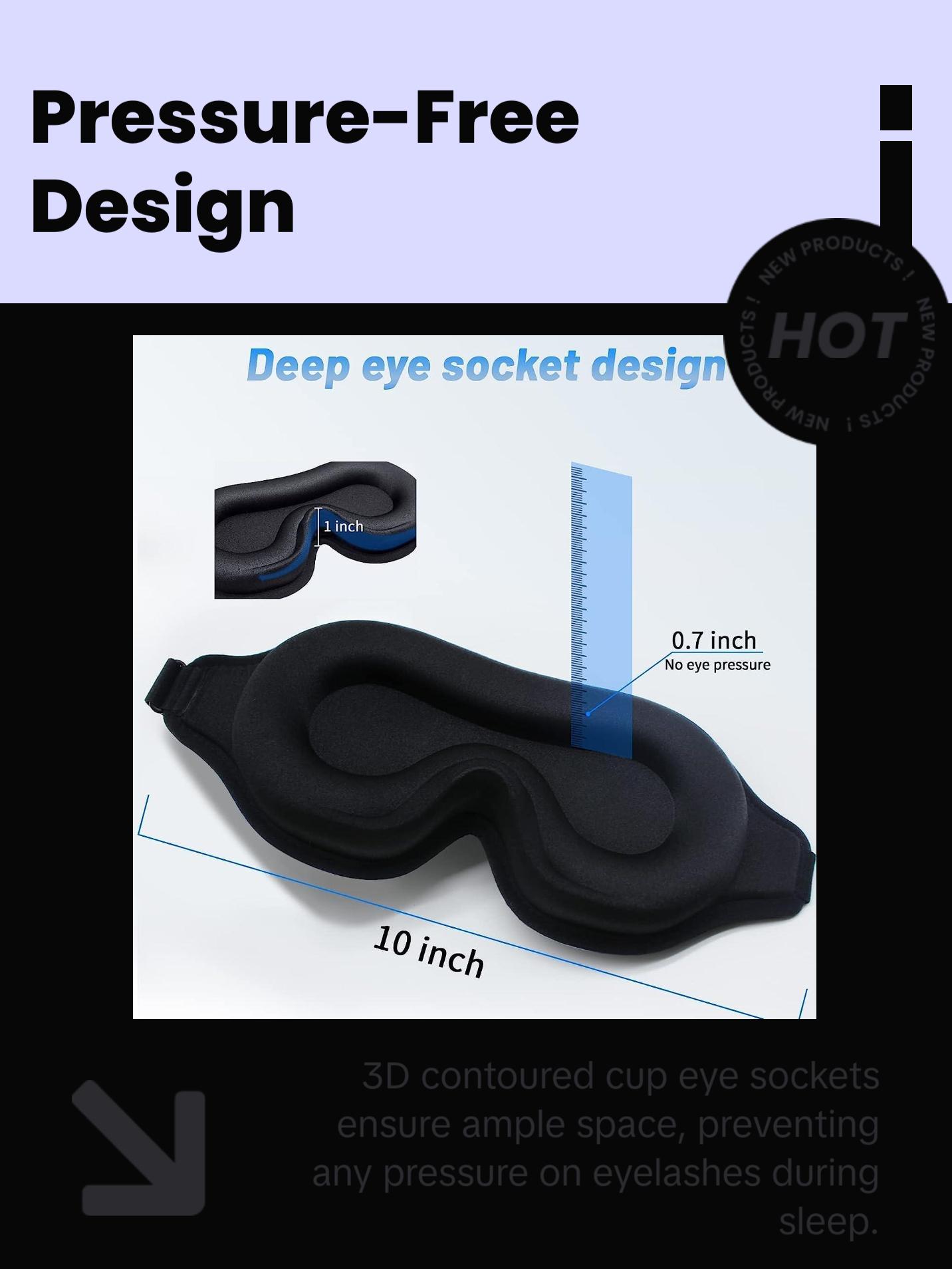 3D Sleep Eye Mask for Men & Women, Lash Extension Friendly, Travel Blackout Blindfold, Adjustable Strap – Black