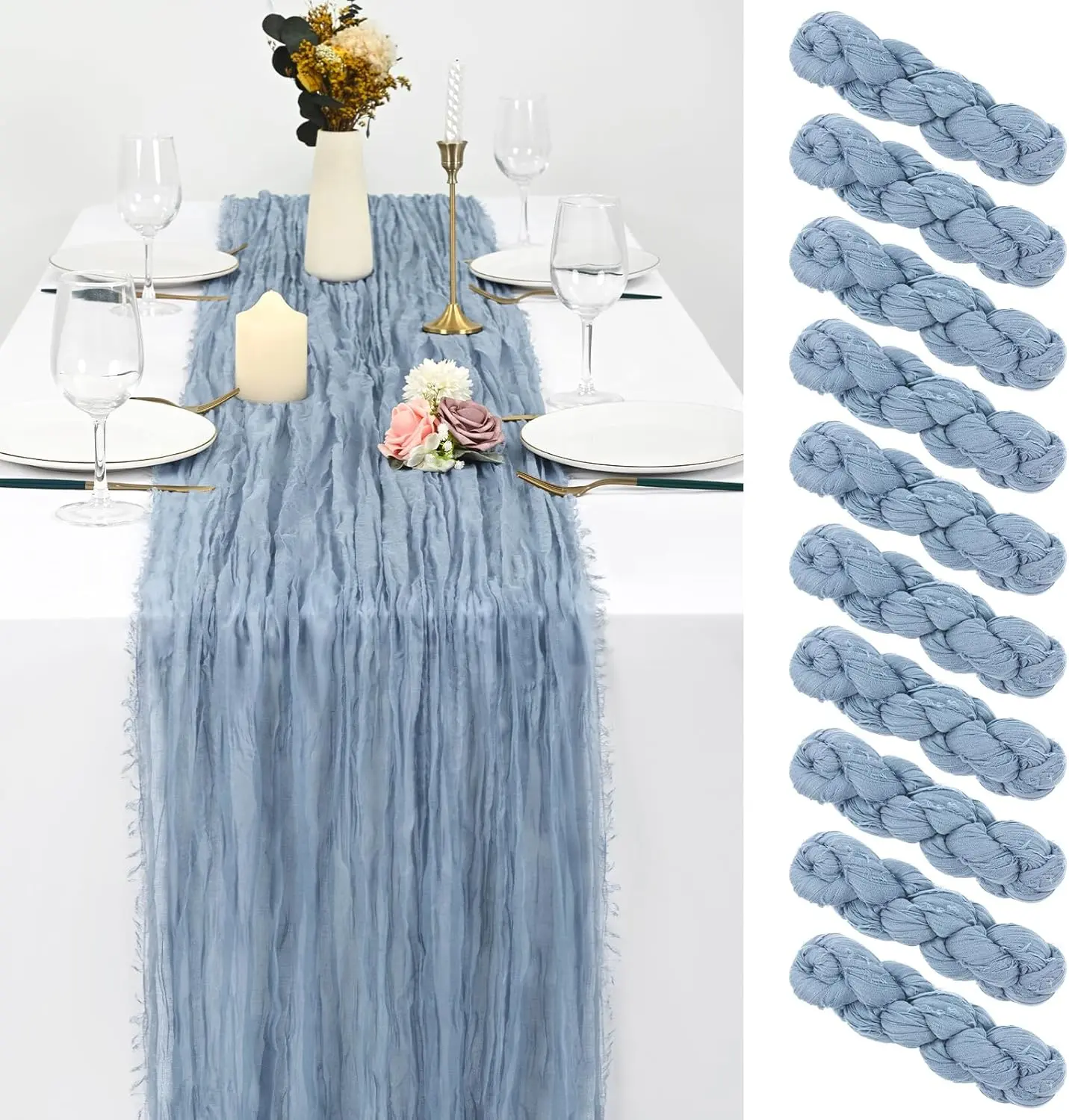 FANI 10 Pack Fringe Cheesecloth Table Runner  10FT, Semi-Sheer Boho or Rustic Cheese Cloth Table Runner for Wedding Decor Arch Draping Bridal Shower Holiday Party