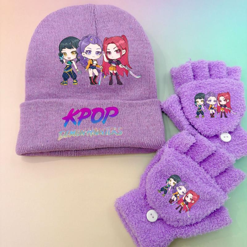 Kpop Anime Emroidered Beanie Hat and Matching Plush Gloves Set Purple Knitted Winter Cap with Rumi Zoey Mira Cartoon Print for Autumn and Winter Wear