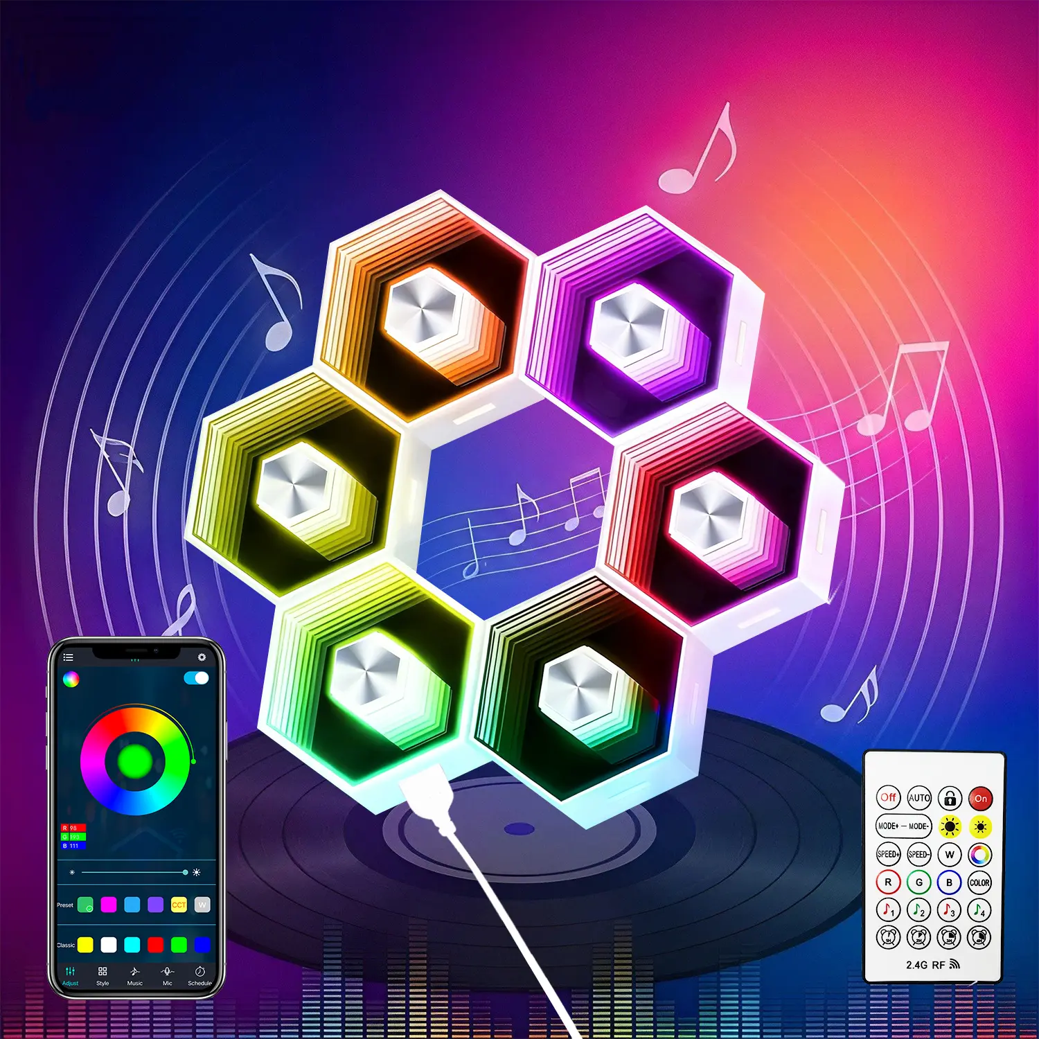 Modular LED Hexagonal Wall Lamps - Smart RGB Gaming Lights with Remote, Music Sync, Honeycomb Design for Bedroom, Game Room Decor