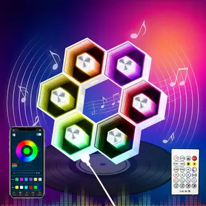Rroetxi RGB Hexagon Light Panels - Romantic Smart App RGB Gaming Lights with Remote Control and Music Sync Function Honeycomb-patterned hexagonal panel lights, ideal for bedroom, living room wall, and gaming room decor