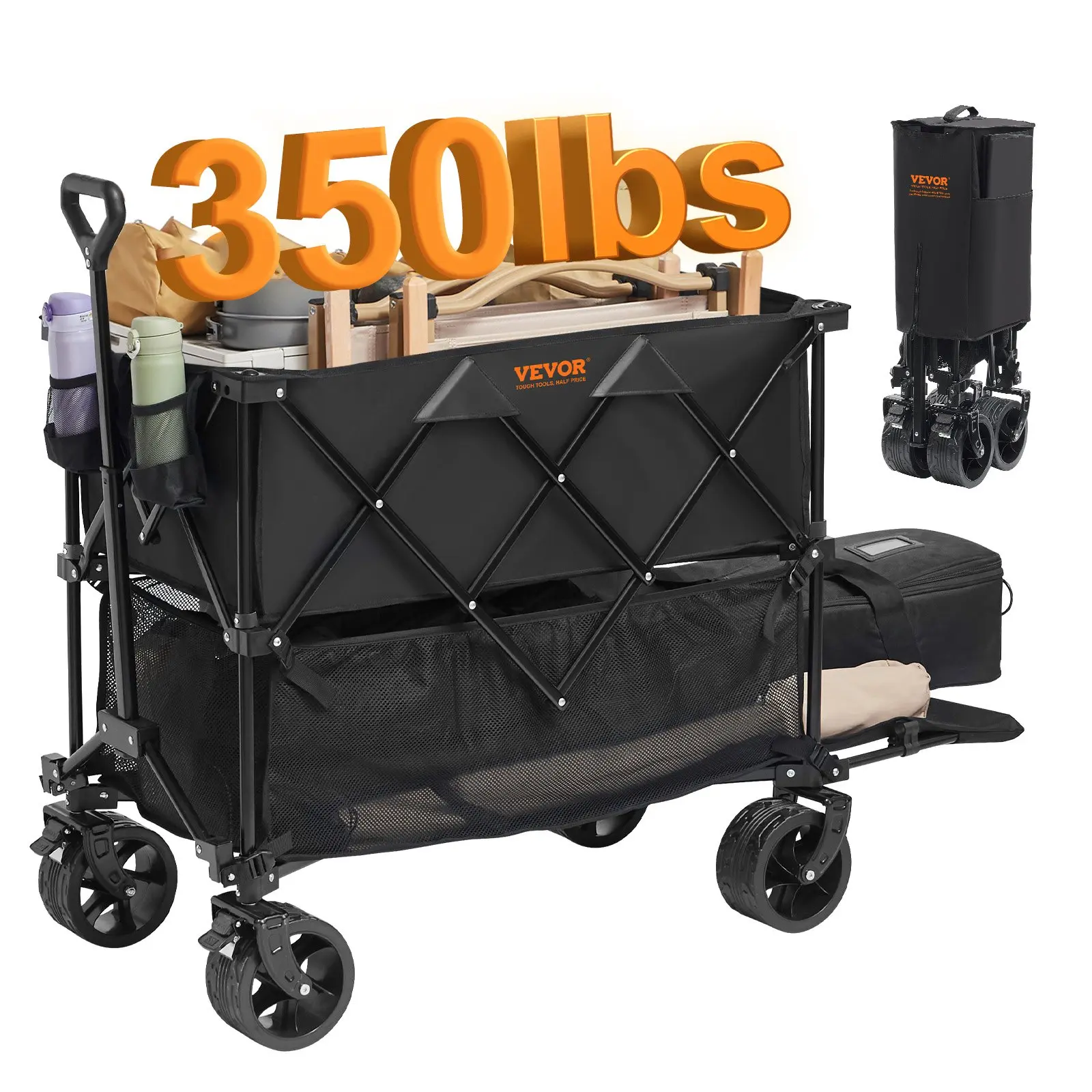【summerfinds】VEVOR Foldable Double Decker Wagon, 400L Collapsible Wagon Cart with All-Terrain Wheels, Heavy Duty Folding Wagon Cart 350 lbs Weight Capacity for Camping, Shopping, Garden, 52" Extra Long Extender