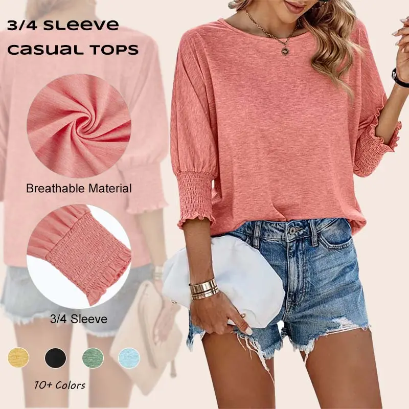 Imily Bela Women's 3/4 Sleeve Casual Tops Solid Color Crew Neck Loose Fit Shirts Blouse