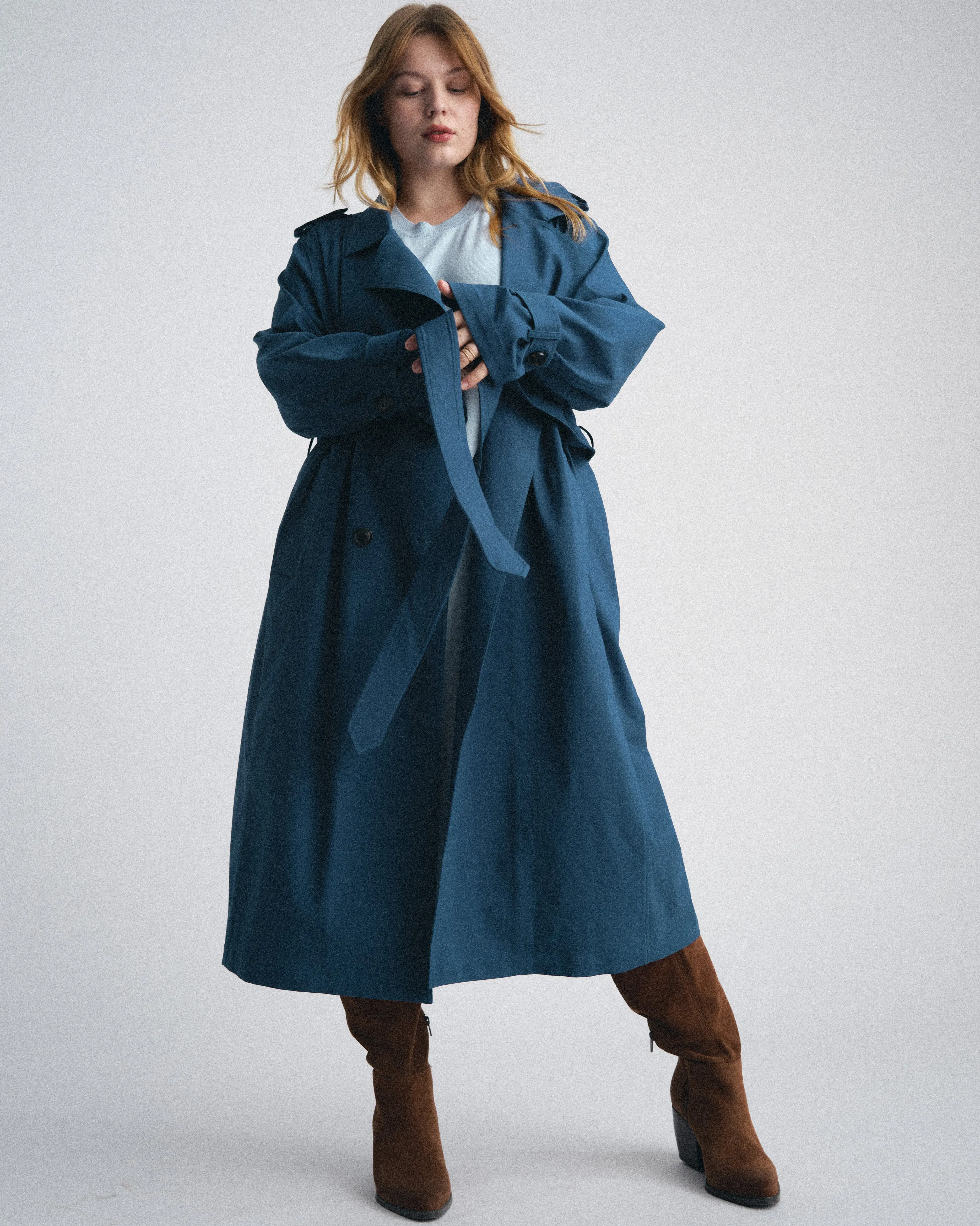 Women's Henning x US Park Soft Stretchy Fabric Trench Coat, Stylish 1-Piece Outerwear - Deep Teal, Style, Coats, Jackets, Lightweight, Lady, Dress, Sleeve, Self-Belted, Collaboration With Lauren Chan, Fashion-Statement Silhouette, Long, Tops
