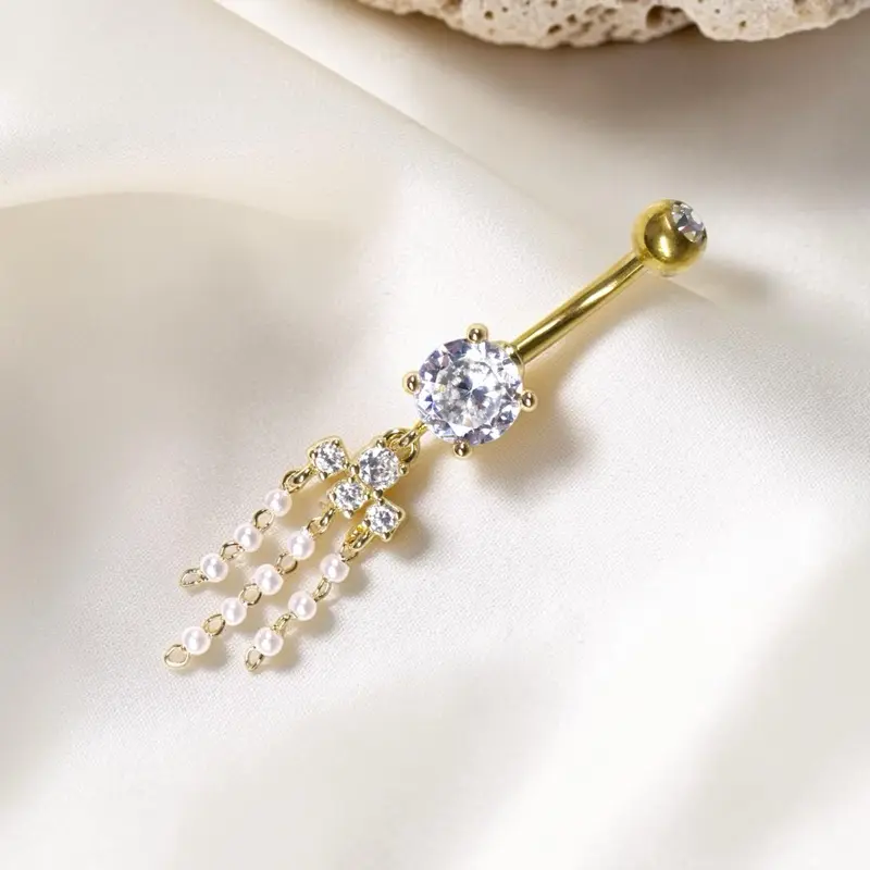 Dangle Pearl Chain Belly Ring Piercing, Gold or Silver