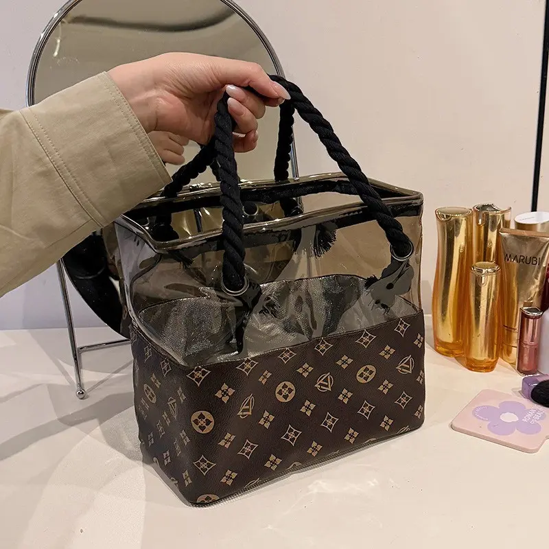 Large Capacity Handheld Makeup Bag, Trendy Semi-Transparent Printed Wash Bag, New Korean Fashion Cosmetic Storage Bag, Travel Cosmetic Bag, Cosmetic Travel Bags, Makeup Organizer Pouch, Beauty Storage Pouch, Cosmetics Organizer