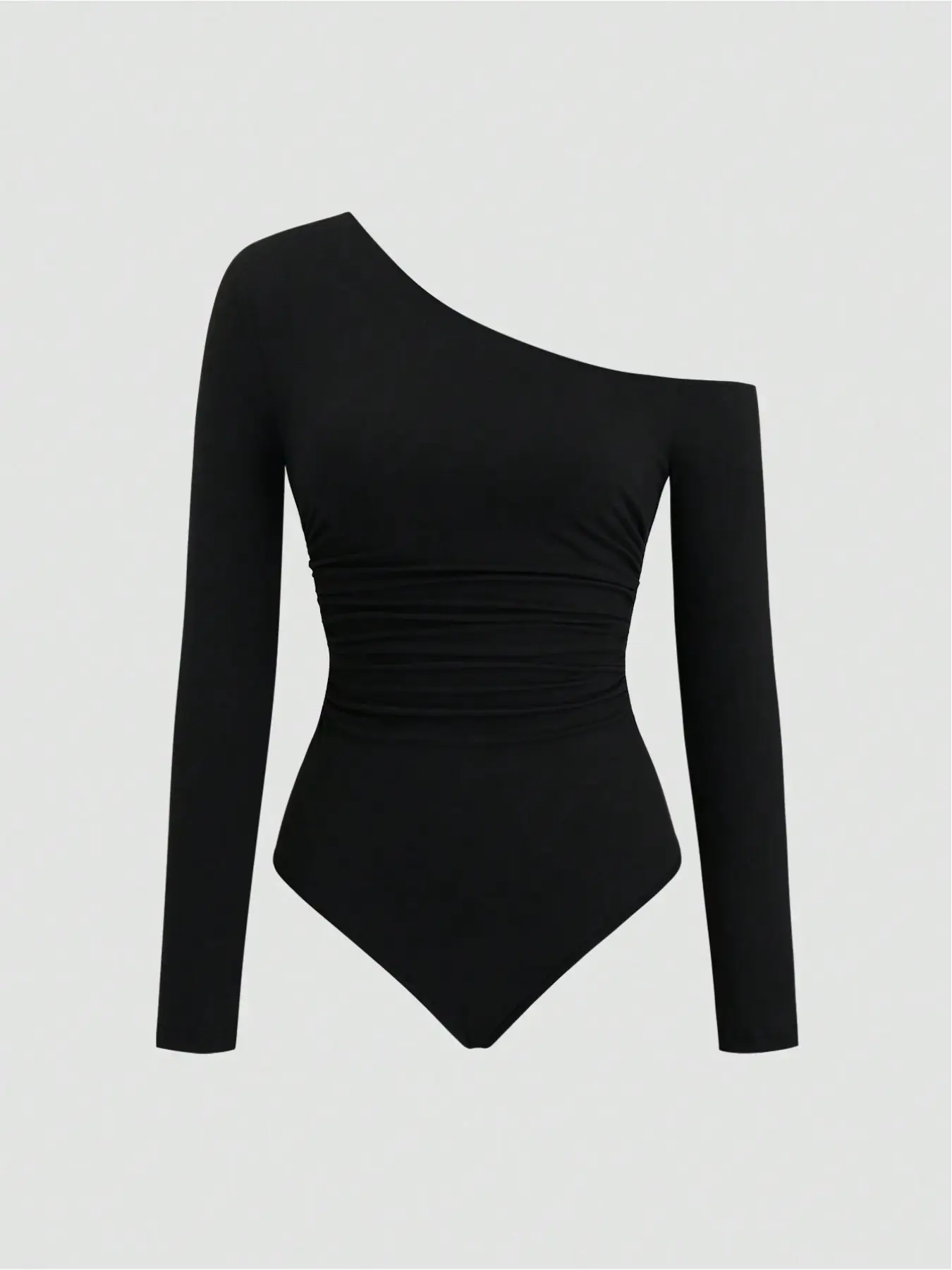 Black off-shoulder ruched waist-fitted long-sleeved jumpsuit, a casual and fashionable style for women, an essential item for autumn and winter. Versatile basic piece that easily adapts to multiple styles. Winter Street Bodysuit
