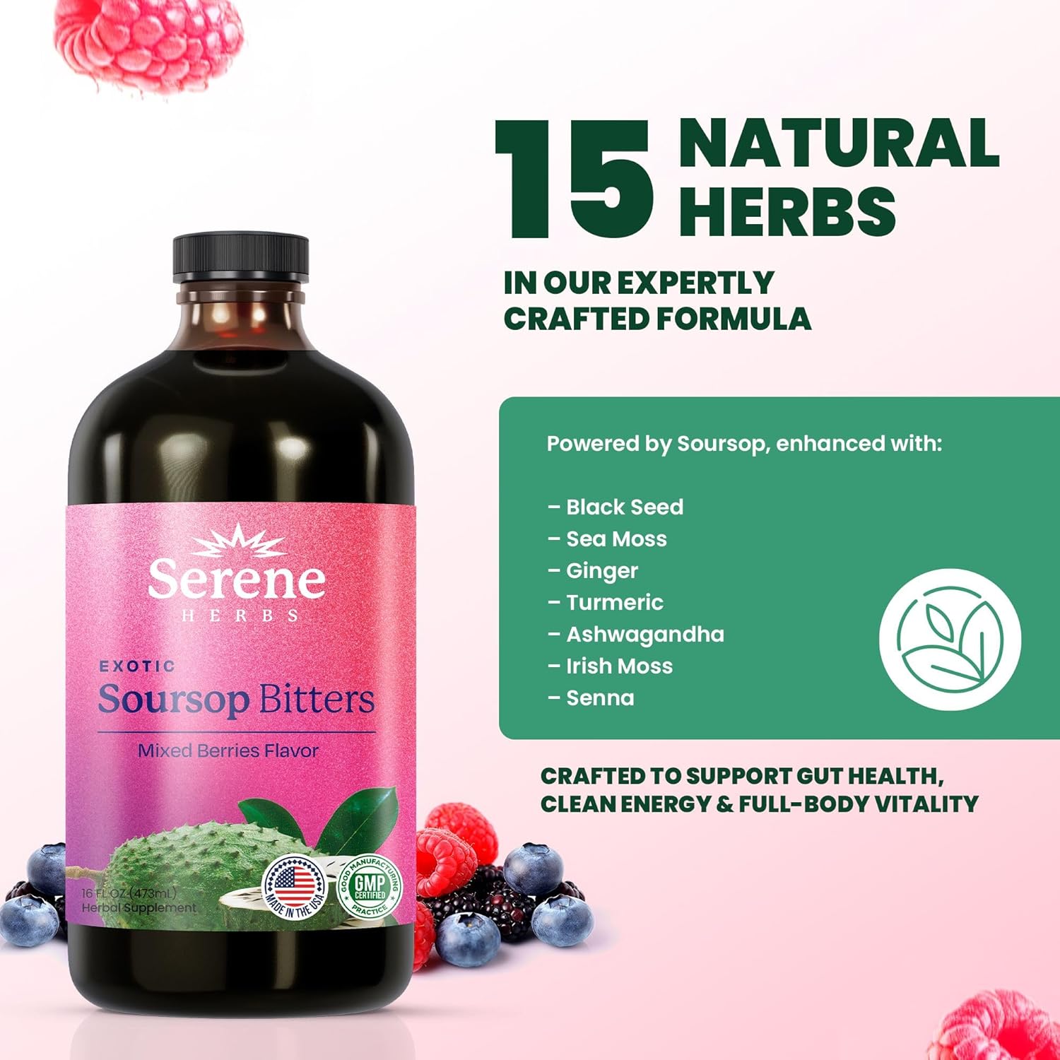 Serene Herbs: Soursop Bitters, Mixed Berries Flavor Healthcare Dietary vitamins women Supplement Fitness Natural
