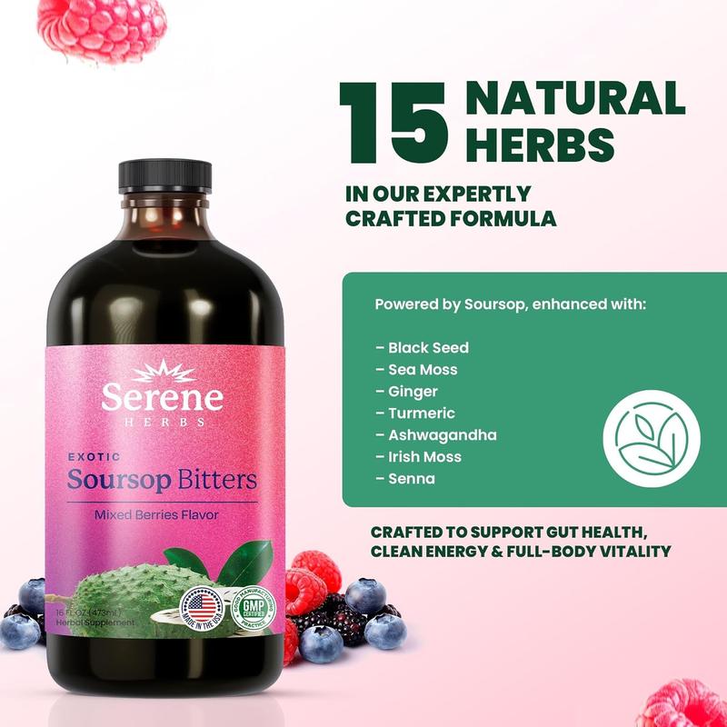 Serene Herbs: Soursop Bitters, Mixed Berries Flavor Healthcare Dietary vitamins women Supplement Fitness Natural