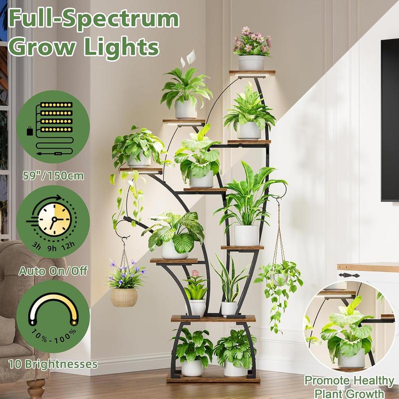 POZILAN plant stand indoor with grow lights - 65" tall plant shelf, Lighted large plant stand for indoor plants, 8 Tiered Flower holder, shell-shaped plant rack for living room