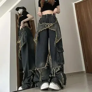 New women star stitching tassel pants American retro high street jeans loose wide leg pants trendy punk y2k pants