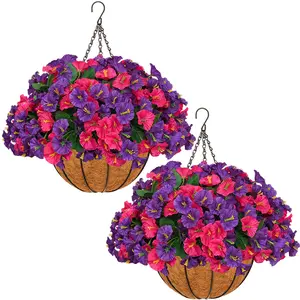 2 Pcs Artificial hanging plant and flower basket, perfect for spring and summer outdoor decoration.  Features realistic silk morning glory flowers, UV-resistant, and suitable for porches, patios, balconies, and gardens.