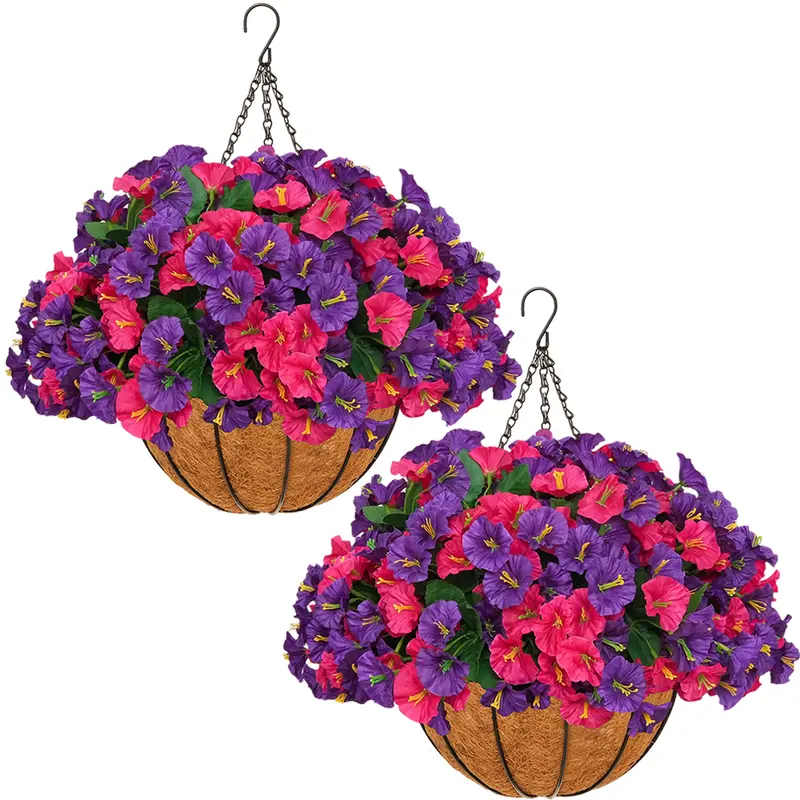 2-Pack UV-Resistant Hanging Planters & Baskets with Artificial Silky Morning Glory Flowers - 2-pc Porch Styling, Realistic Blooms, Porch-to-Garden Fit, Outdoor Home Improvement Decor