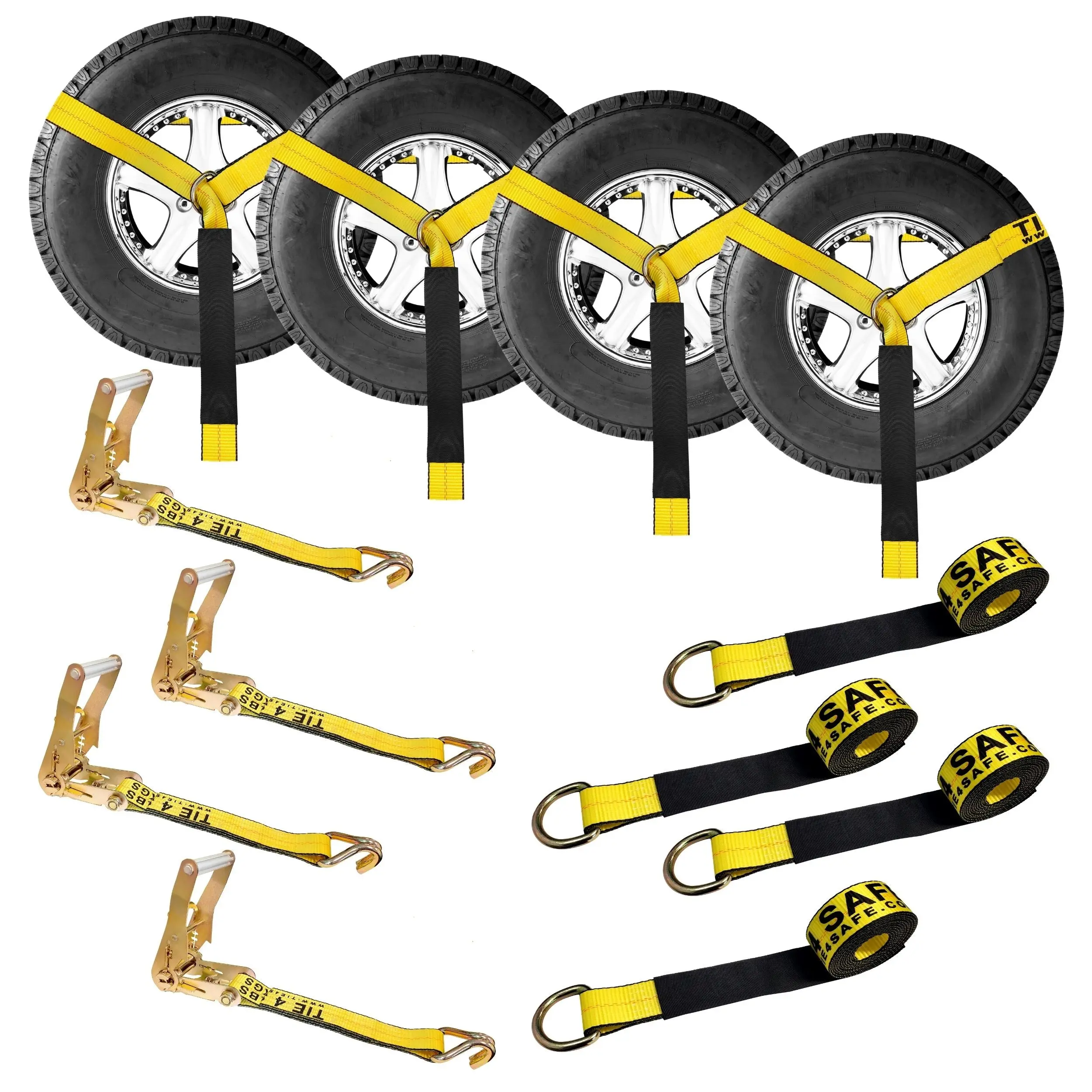 USA 4 Pack 2" x 10' Side Mount Wheel Net Tie Down w/Ratchet Lasso Strap J Hook