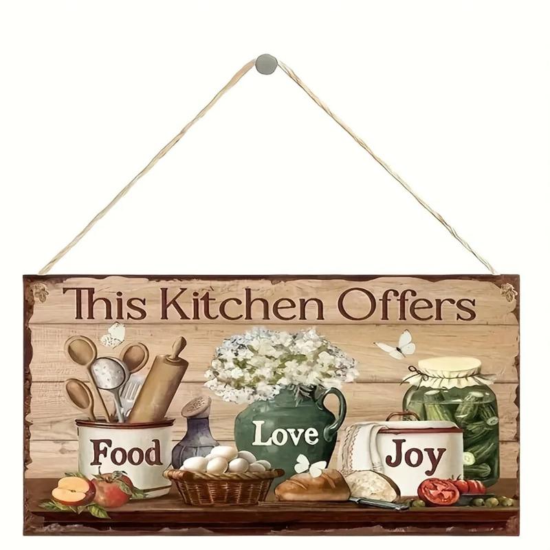 Rustic Wooden Kitchen Wall Decor Sign - "This Kitchen Offers Food Love Joy" Hanging Plaque with Cooking and Floral Illustrationcan be customized with your own designcan be customized with your own design