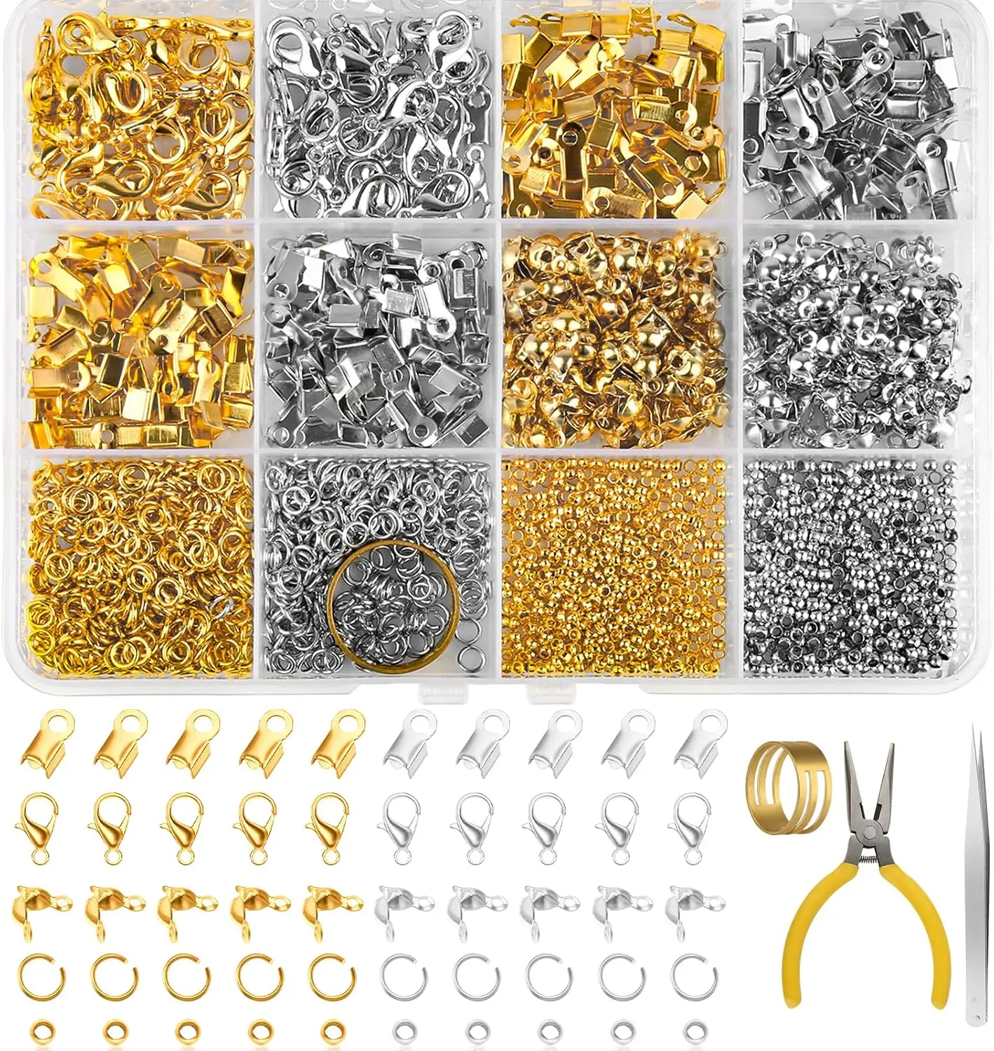1273-Piece Alloy Metal Jewelry Making Buckle Kit - Gold & Silver DIY Accessories with Lobster Clasps, 200 Wrapped Edge Ends, Clips, Connectors, Positioning Beads, Rings, 1 Pointed Nose Pliers, 1 Straight Tweezer - Ideal for Beginners, Jewelry Making Kit,,