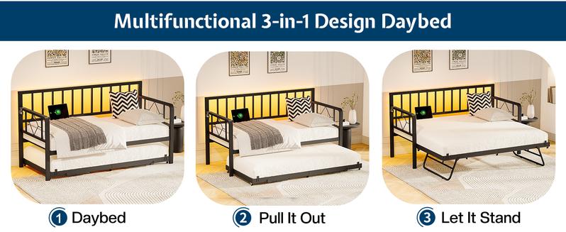 VanAcc Twin Daybed with Charging Station and LED Lights, Versatile Bed Frame with Steel Slats Support, Daybed with Trundle for Living Room, Bedroom, Guest Room