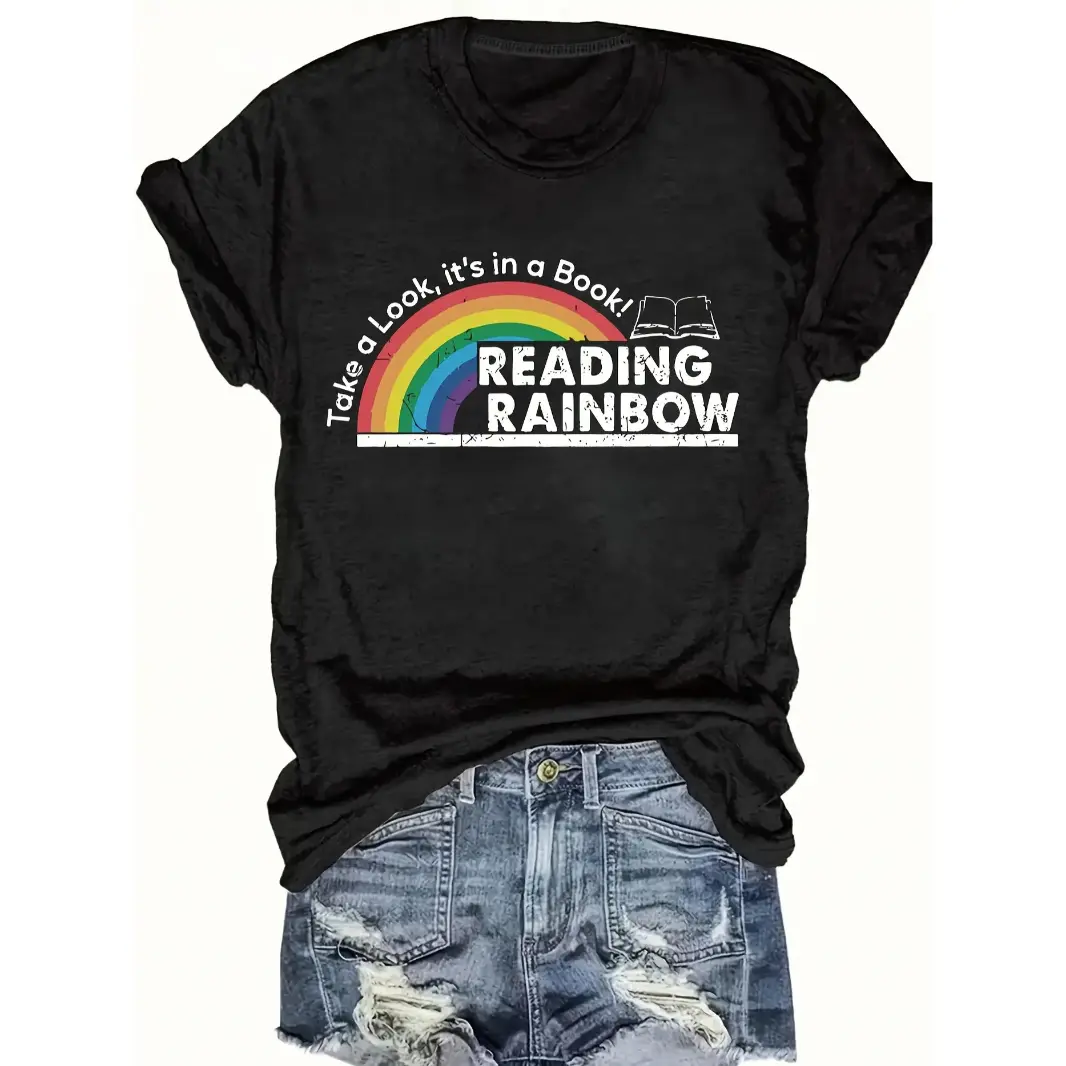 Women Cotton Short Sleeve Rainbow Graphic Tee for Book Lovers Teachers Librarians Summer Casual Top Soft Breathable Comfortable Fit Cute Reading Themed Outfit Stylish Everyday Wear