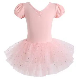 Girls’ Pink Bubble Short-Sleeve Ballet Tutu Dress with Sequins — V-Neck Ruched Mesh Design, Suitable for Dancewear, Everyday Practice, Stage Performances, and Two-Way Wear