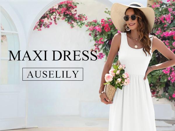 AUSELILY 2026 Womens Summer Dresses Sleeveless Maxi Dress Square Neck Casual Tiered Swing Dress with Pockets Summer Dress Sunshine Floral