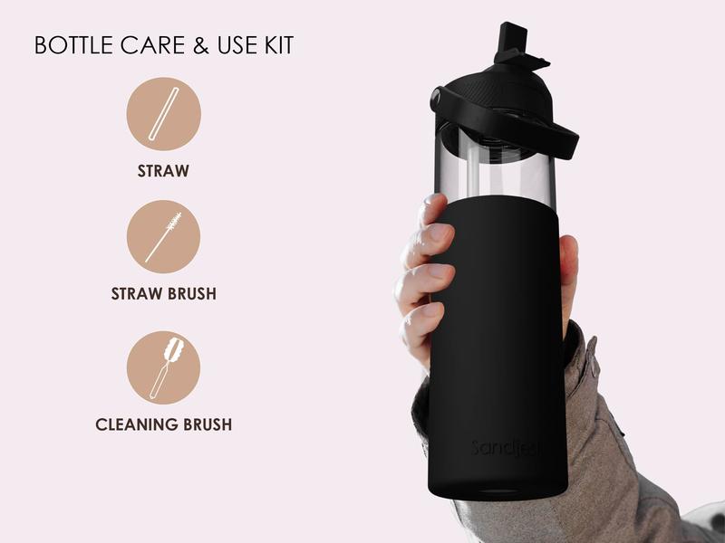 Sandjest Glass Water Bottle 20oz with Silicone Sleeve and Straw Lid, Reusable Portable Drinking Bottle for Home Office Travel Gym Sport Christmas Gift